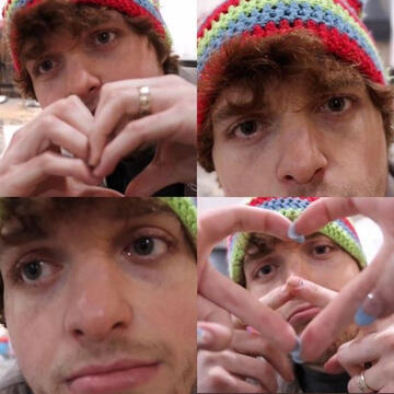 4 pictures of dream, 2 of which he is making heart hands